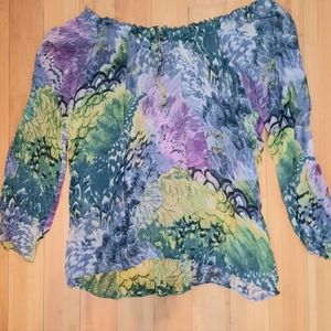 ULLA Popken Green Summer Floral Off Shoulder Elastic Top Size 20/22 Long Sleeve